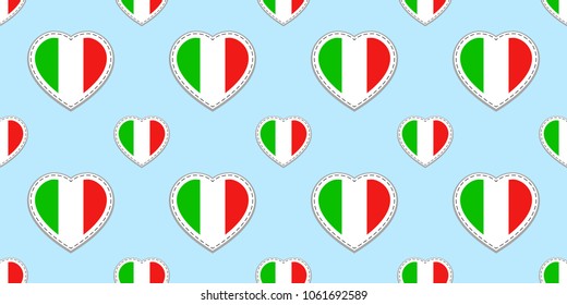Italian flag seamless pattern. Vector Italy flags stickers. Love hearts symbols. Language courses, sports pages, travel, school geographic, cartographic elements. Patriotic design. Vector illustration