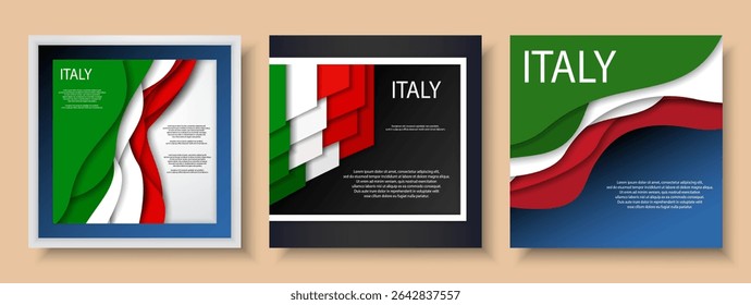 Italian flag square format frame  set for text. Patriotic Italy national holiday banner, background, poster, card, template, layout	
