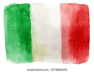 Italian flag watercolor design, vibrant green, white, red colors, artistic texture, patriotic symbol, abstract background.