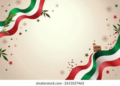 The Italian flag waving as a background with a small colosseum, strewn with stars and foliage.
