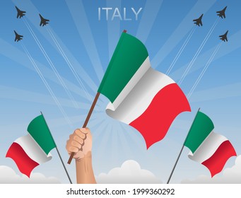 Italian flags fluttering under the blue sky