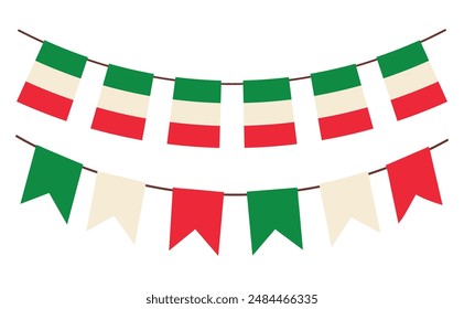 Banderas italianas en las cuerdas. Conjunto de banderas italianas con guirnaldas. Decoración de banderas de Italia. Aislado sobre fondo blanco. Ilustración vectorial.
