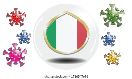 Italian flags and shields with corona virus. 