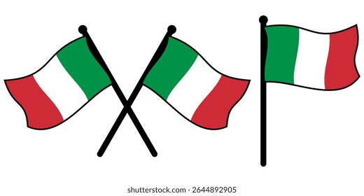 Italian Flags Vector Illustration with Flagpoles Including Upright and Crossed Positions Waving in Wind EPS File for Patriotic Design Concept