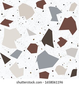 Italian flooring terrazzo seamless pattern. Granite fragments texture backdrop. Venetian style with natural stone, granite, quartz, marble, glass and concrete. Vector illustration.