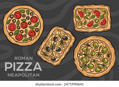 Italian Focaccia Bread with various vegetable filling. Hand-drawn vector illustration