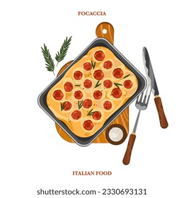 Ilustración portadora de focaccia italiana. Vista superior de focaccia, composición de comida, fondo blanco.