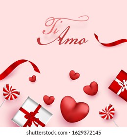 Italian Font Ti Amo (I Love You) with Realistic Gift Box, Red Hearts and Lollipops on Pink Background.