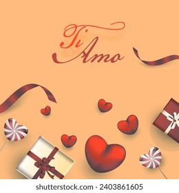 Italian Font Ti Amo (I Love You) with Realistic Gift Box, Red Hearts and Lollipops on Yellow Background.