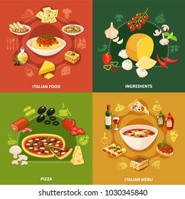 Italian food 2x2 design concept set of square icons for restaurant or cafe menu flat vector illustration 