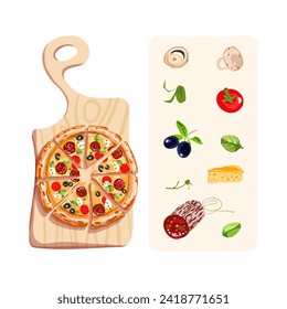 Italian food. Appetizing Pepperoni pizza on a cutting board. Ingredients for pizza. Vector illustration