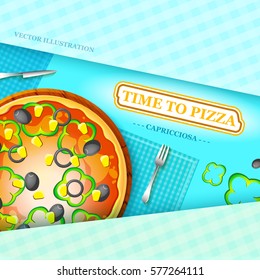 Italian food background with pizza capricciosa and different ingredients on blue tablecloth vector illustration