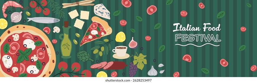 Italian food background or poster. Pattern with mediterranean healthy eat. Graphic for restaurant, menu, kitchen. Doodle vector illustration. Trendy hand drawn pizza, olive, tomato, lemon etc.
