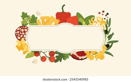 Banner de comida italiana. Cartaz abstrato com massas, legumes e carne tradicionais do mediterrâneo. Ilustração vetorial de pratos italianos ingredientes para design de menu de restaurante.