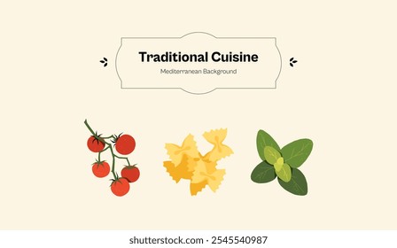 Banner de comida italiana. Cartaz abstrato com tradicional tomate manjericão de massa mediterrânea, elementos decorativos para design de menu de restaurante. Ilustração vetorial.