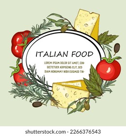 Banner de comida italiana o diseño de placa para empaque de comida y plantilla de menú de restaurante, ilustración de vector dibujada a mano aislada en blanco. Queso parmesano, hierbas, aceitunas y tomate con marco en blanco.