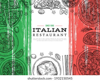 Italian food banner. Restaurant menu, vegetables and spaghetti sketch. Italy cuisine, lunch poster with pizza pasta ravioli vector design