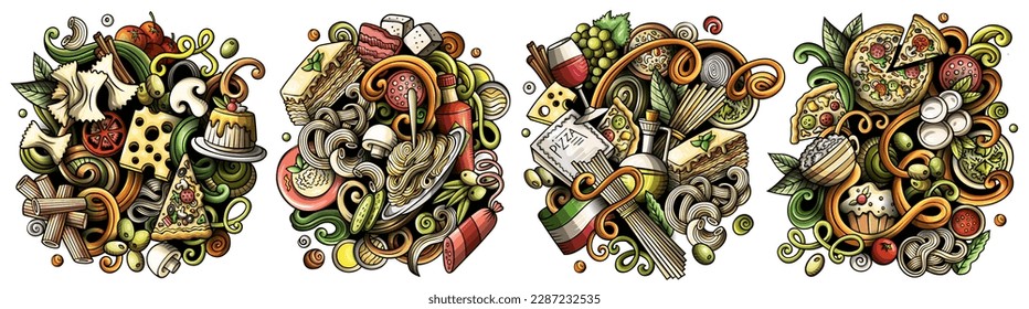 Italian food cartoon vector doodle designs set. Colorful detailed compositions with lot of Italy cuisine objects and symbols. Isolated on white illustrations