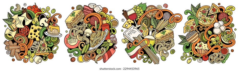Italian food cartoon vector doodle designs set. Colorful detailed compositions with lot of Italy cuisine objects and symbols. Isolated on white illustrations