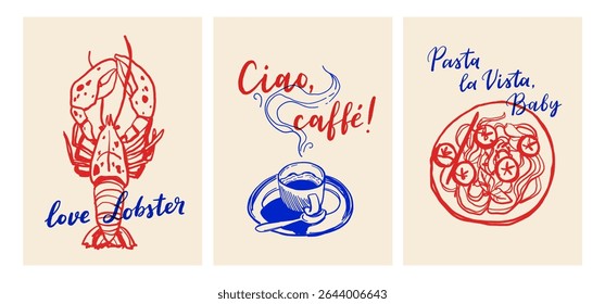 Italian food and coffee retro posters with hand drawn style typography and doodles. Vector set in blue and red ink stamp style.
