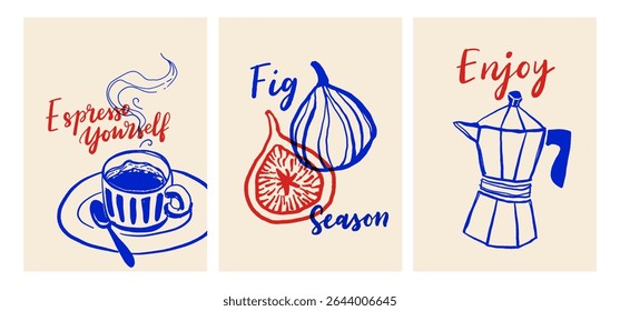 Italian food and coffee retro posters with hand drawn style typography and doodles. Vector set in blue and red ink stamp style.