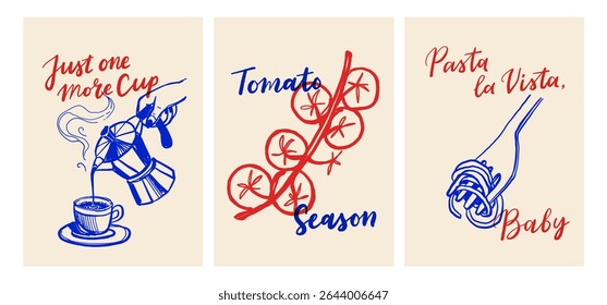 Italian food and coffee retro posters with hand drawn style typography and doodles. Vector set in blue and red ink stamp style.