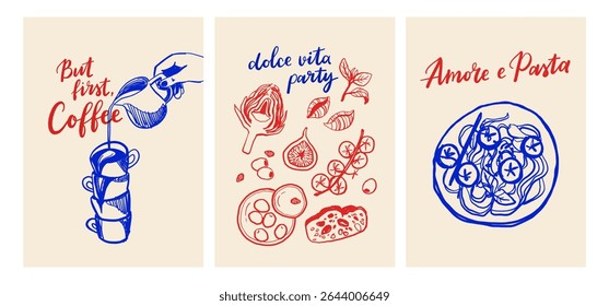 Italian food and coffee retro posters with hand drawn style typography and doodles. Vector set in blue and red ink stamp style.