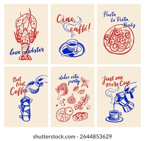 Italian food and coffee retro posters with hand drawn style typography and doodles. Vector set in blue and red ink stamp style.