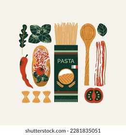 Recogida de comida italiana. Espagueti con bruschetta. Composición texturada de alimentos. Ilustración vectorial.