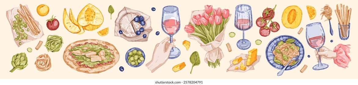 Italian food collection, vector watercolor dinner eatery illustration set, tasty pizza, pasta cheese. Woman hand holding wine glass, appetizer menu sticker design element. Italian food date lunch 