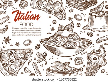Italian food, cuisine banner template. Plate of fetuccini with alfredo pasta, pepperoni pizza slices, bruschetta, traditional panna cotta pudding with lemon. Hand drawn sketch illustration with text.