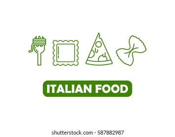 Italian food, cuisine icons with pasta, pizza, ravioli outline icon