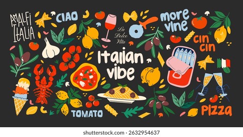 Italian food and culture stickers set in retro cartoon style. Food and drink: pizza, pasta, wine, tomato. Illustration in funky, doodle style, trendy labels set.