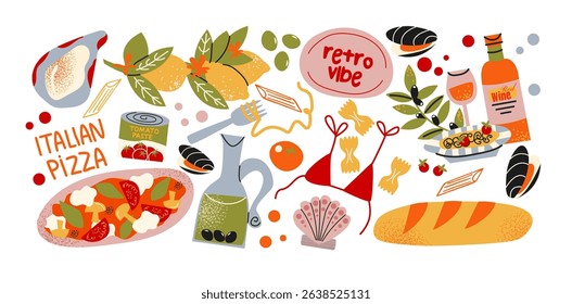 Italian food and culture stickers set in retro cartoon style. Food and drink: pizza, pasta, wine, tomato. Illustration in funky, doodle style, trendy labels set.