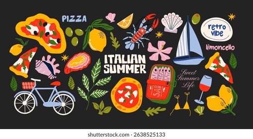 Italian food and culture stickers set in retro cartoon style. Food and drink: pizza, pasta, wine, tomato. Illustration in funky, doodle style, trendy labels set.