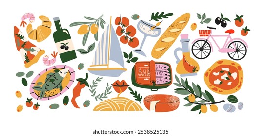 Italian food and culture stickers set in retro cartoon style. Food and drink: pizza, pasta, wine, tomato. Illustration in funky, doodle style, trendy labels set.