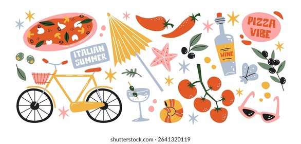 Italian food and culture stickers set in retro cartoon style. Food and drink: pizza, pasta, wine, tomato. Illustration in funky, doodle style, trendy labels set.
