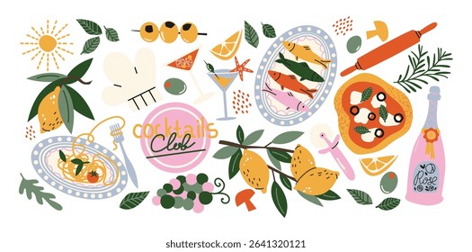 Italian food and culture stickers set in retro cartoon style. Food and drink: pizza, pasta, wine, tomato. Illustration in funky, doodle style, trendy labels set.