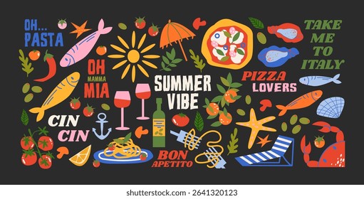 Italian food and culture stickers set in retro cartoon style. Food and drink: pizza, pasta, wine, tomato. Illustration in funky, doodle style, trendy labels set.