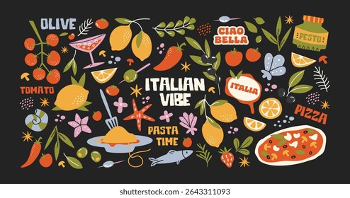 Italian food and culture stickers set in retro cartoon style. Food and drink: pizza, pasta, wine, tomato. Illustration in funky, doodle style, trendy labels set.
