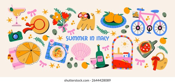 Italian food and culture stickers set in retro cartoon style. Food and drink: pizza, pasta, wine, tomato. Illustration in funky, doodle style, trendy labels set.