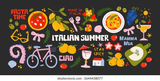Italian food and culture stickers set in retro cartoon style. Food and drink: pizza, pasta, wine, tomato. Illustration in funky, doodle style, trendy labels set.