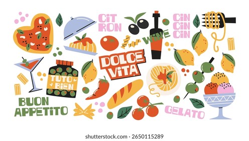  Adesivos de comida e cultura italiana definidos em estilo de desenho animado retro. Comida e bebida: pizza, massa, vinho, tomate. Ilustração em estilo funky, doodle, conjunto de rótulos na moda.