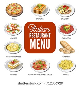 Italian food cusine dishes pizza, pasta, meat and dessert vector icons set