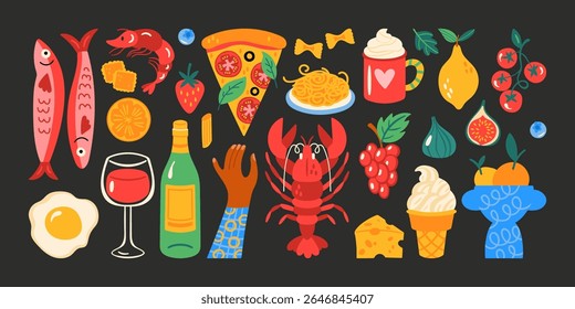 Italian food cute hand drawn elements set for design. Childish print for cards, stickers, banner and invitations