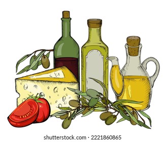 Italian food decorative composition design with olive oil, balsamic vinegar and cheese, engraving style vector illustration isolated on white background.