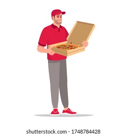 Italian food delivery semi flat RGB color vector illustration. Delivery man with open pizza box. Caucasian male courier in red uniform isolated cartoon character on white background