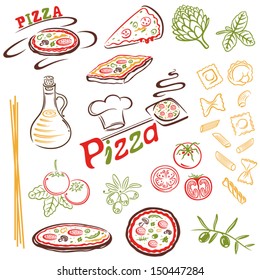 Italian food design elements. Pizza, pasta vector set.