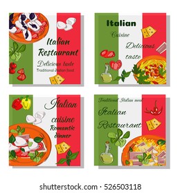 Italian food design template. Square banners set. Italian Cuisine restaurant menu. Vector drawn banners.