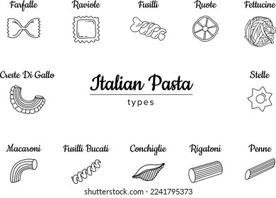 Italian food. Different types of pasta. Food Italian assortment, farfalle and cannelloni, Stortini and anellini spaghetti icons, line style illustration. Vector illustration for menu